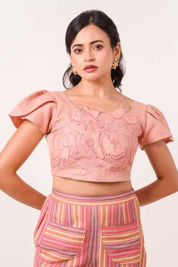 Shop 9899 Pink Linen Square Neck Fleur Embroidered Top And Pant Set Online at Aza Fashions Shop_9899_Pink Linen Square Neck Fleur Embroidered Top And Pant Set _Online_at_Aza_Fashions