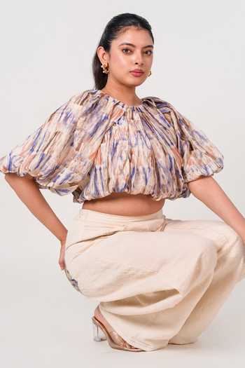 Buy 9899 Blue Tencel Round Neck Abstract Balloon Top Online at Aza Fashions Buy_9899_Blue Tencel Round Neck Abstract Balloon Top _Online_at_Aza_Fashions