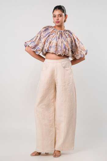 Shop 9899 Blue Tencel Round Neck Abstract Balloon Top Online at Aza Fashions Shop_9899_Blue Tencel Round Neck Abstract Balloon Top _Online_at_Aza_Fashions