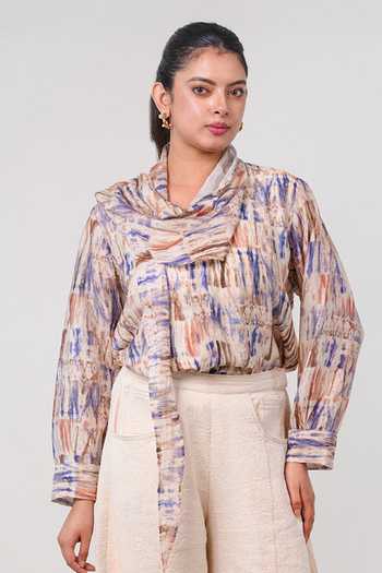 Buy 9899 Blue Cotton, Tencel Shawl Neck Printed Top And Pant Set Online at Aza Fashions Buy_9899_Blue Cotton, Tencel Shawl Neck Printed Top And Pant Set _Online_at_Aza_Fashions
