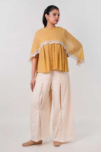 9899 Yellow Cotton Round Neck Marigold Cape Top Online at Aza Fashions 9899_Yellow Cotton Round Neck Marigold Cape Top _Online_at_Aza_Fashions