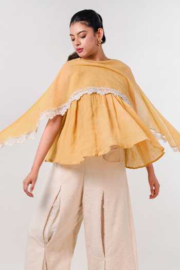 Buy 9899 Yellow Cotton Round Neck Marigold Cape Top Online at Aza Fashions Buy_9899_Yellow Cotton Round Neck Marigold Cape Top _Online_at_Aza_Fashions