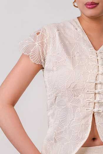 Buy 9899 Cream Organza V-neck Ivory Flora Top Online at Aza Fashions Buy_9899_Cream Organza V-neck Ivory Flora Top _Online_at_Aza_Fashions