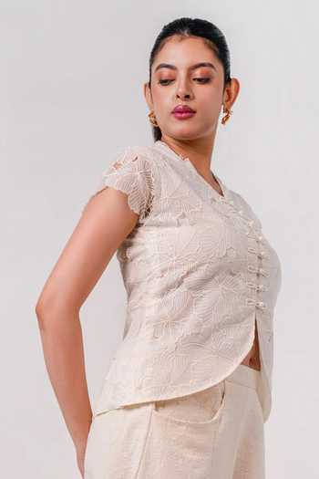 Shop 9899 Cream Organza V-neck Ivory Flora Top Online at Aza Fashions Shop_9899_Cream Organza V-neck Ivory Flora Top _Online_at_Aza_Fashions