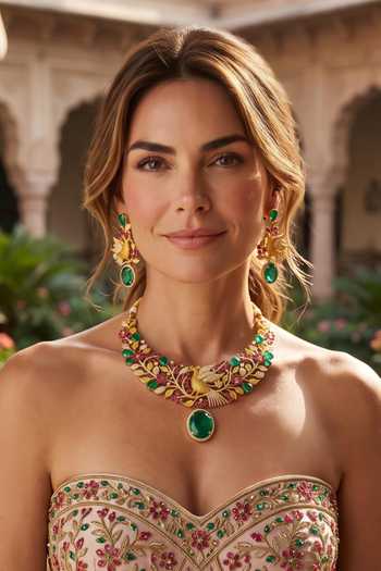 Shop Amaara Jewels Gold Plated Floral Vine Motif Pendant Necklace Set Online at Aza Fashions Shop_Amaara Jewels_Gold Plated Floral Vine Motif Pendant Necklace Set _Online_at_Aza_Fashions