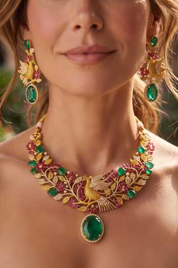 Amaara Jewels Gold Plated Floral Vine Motif Pendant Necklace Set at Aza Fashions Amaara Jewels_Gold Plated Floral Vine Motif Pendant Necklace Set _at_Aza_Fashions