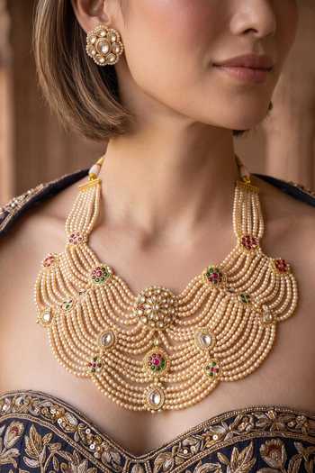 Amaara Jewels Gold Plated Pearl Lattice Embellished Necklace Set at Aza Fashions Amaara Jewels_Gold Plated Pearl Lattice Embellished Necklace Set _at_Aza_Fashions