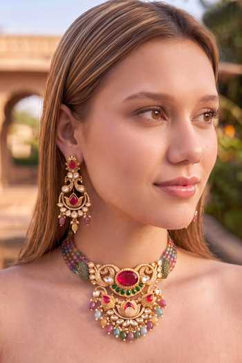 Amaara Jewels Gold Plated Bead Embellished Choker Set at Aza Fashions Amaara Jewels_Gold Plated Bead Embellished Choker Set _at_Aza_Fashions