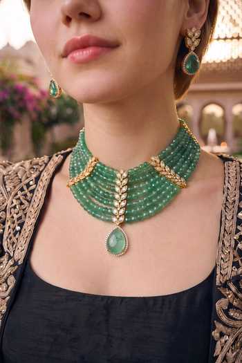 Shop Amaara Jewels Green Leaf Motif Embellished Necklace Set Online at Aza Fashions Shop_Amaara Jewels_Green Leaf Motif Embellished Necklace Set _Online_at_Aza_Fashions