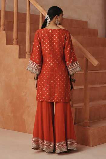 Basanti Kapde Aur Koffee Embroidered Kurta Sharara Set