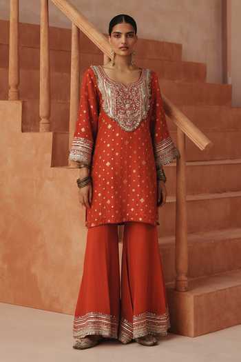 Basanti Kapde Aur Koffee Red Georgette Scoop Neck Embroidered Kurta Sharara Set Online at Aza Fashions Basanti Kapde Aur Koffee_Red Georgette Scoop Neck Embroidered Kurta Sharara Set _Online_at_Aza_Fashions