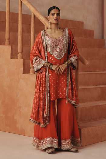 Basanti Kapde Aur Koffee Embroidered Kurta Sharara Set