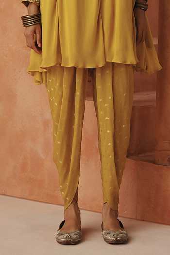 Basanti Kapde Aur Koffee_Yellow Georgette Sequins Split V-neck, Embroidered Peplum Kurta And Dhoti Pant Set _Online_at_Aza_Fashions