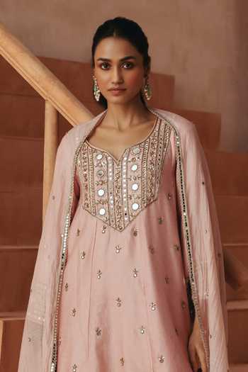 Buy Basanti Kapde Aur Koffee Pink Chanderi, Organza, Satin Notched Neck Embroidered Kurta Sharara Set Online at Aza Fashions Buy_Basanti Kapde Aur Koffee_Pink Chanderi, Organza, Satin Notched Neck Embroidered Kurta Sharara Set _Online_at_Aza_Fashions