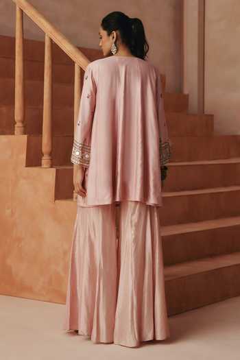 Basanti Kapde Aur Koffee Embroidered Kurta Sharara Set