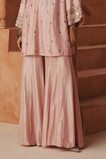 Shop Basanti Kapde Aur Koffee Pink Chanderi, Organza, Satin Notched Neck Embroidered Kurta Sharara Set Online at Aza Fashions Shop_Basanti Kapde Aur Koffee_Pink Chanderi, Organza, Satin Notched Neck Embroidered Kurta Sharara Set _Online_at_Aza_Fashions