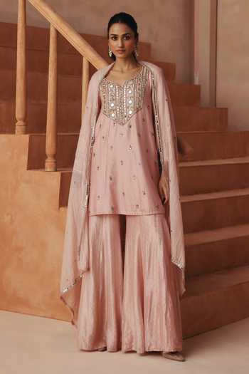 Basanti Kapde Aur Koffee Embroidered Kurta Sharara Set