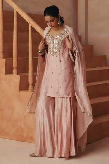 Buy Basanti Kapde Aur Koffee Pink Chanderi, Organza, Satin Notched Neck Embroidered Kurta Sharara Set Buy_Basanti Kapde Aur Koffee_Pink Chanderi, Organza, Satin Notched Neck Embroidered Kurta Sharara Set