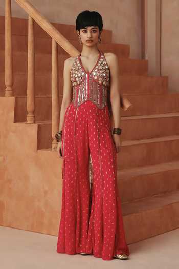Basanti Kapde Aur Koffee Silk Georgette Corset & Sharara Set