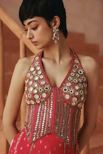 Buy Basanti Kapde Aur Koffee Pink Silk, Georgette Sequins, Mirrors Halter Neck Corset And Sharara Set Online at Aza Fashions Buy_Basanti Kapde Aur Koffee_Pink Silk, Georgette Sequins, Mirrors Halter Neck Corset And Sharara Set _Online_at_Aza_Fashions