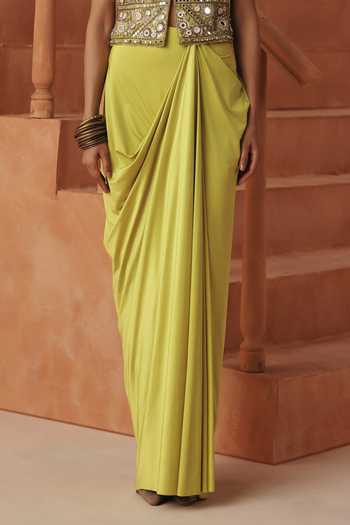 Basanti Kapde Aur Koffee_Green Silk, Lycra, Scuba V-neck Embroidered Blouse And Draped Skirt Set _Online_at_Aza_Fashions