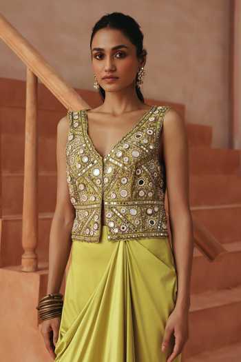 Buy_Basanti Kapde Aur Koffee_Green Silk, Lycra, Scuba V-neck Embroidered Blouse And Draped Skirt Set _Online_at_Aza_Fashions
