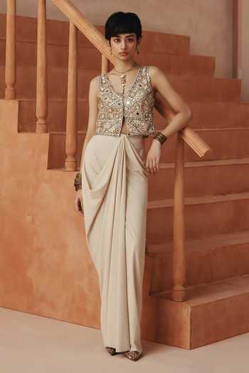 Basanti Kapde Aur Koffee Embroidered Corset & Skirt Set