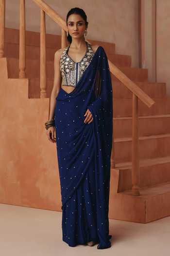 Basanti Kapde Aur Koffee Blue Silk, Georgette V-neck, Halter Embroidered Pre-draped Saree With Blouse Online at Aza Fashions Basanti Kapde Aur Koffee_Blue Silk, Georgette V-neck, Halter Embroidered Pre-draped Saree With Blouse _Online_at_Aza_Fashions