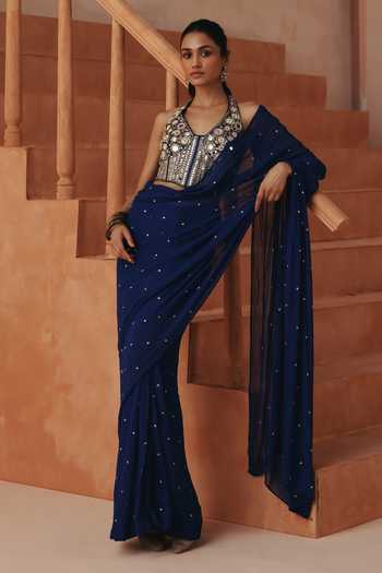 Basanti Kapde Aur Koffee Embroidered Pre-Draped Saree With Blouse 