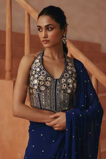 Buy Basanti Kapde Aur Koffee Blue Silk, Georgette V-neck, Halter Embroidered Pre-draped Saree With Blouse Online at Aza Fashions Buy_Basanti Kapde Aur Koffee_Blue Silk, Georgette V-neck, Halter Embroidered Pre-draped Saree With Blouse _Online_at_Aza_Fashions