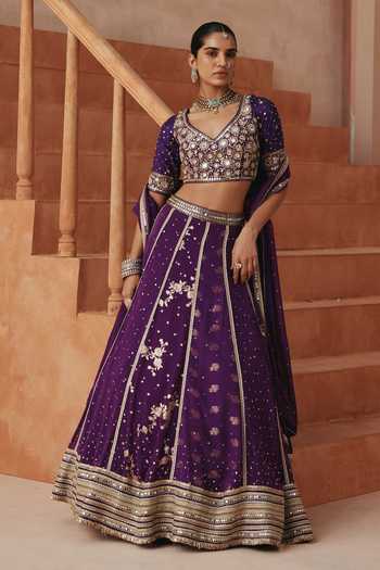 Buy Basanti Kapde Aur Koffee Purple Silk, Organza, Chanderi, Satin, Georgette V-neck Embroidered Lehenga Set Online at Aza Fashions Buy_Basanti Kapde Aur Koffee_Purple Silk, Organza, Chanderi, Satin, Georgette V-neck Embroidered Lehenga Set _Online_at_Aza_Fashions