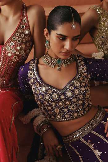 Shop Basanti Kapde Aur Koffee Purple Silk, Organza, Chanderi, Satin, Georgette V-neck Embroidered Lehenga Set Online at Aza Fashions Shop_Basanti Kapde Aur Koffee_Purple Silk, Organza, Chanderi, Satin, Georgette V-neck Embroidered Lehenga Set _Online_at_Aza_Fashions