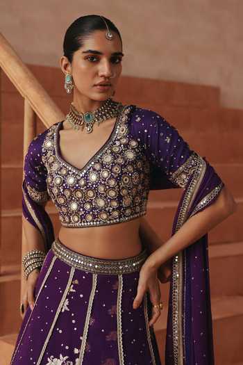 Basanti Kapde Aur Koffee Purple Silk, Organza, Chanderi, Satin, Georgette V-neck Embroidered Lehenga Set at Aza Fashions Basanti Kapde Aur Koffee_Purple Silk, Organza, Chanderi, Satin, Georgette V-neck Embroidered Lehenga Set _at_Aza_Fashions