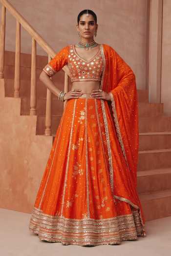 Basanti Kapde Aur Koffee Orange Silk, Organza, Chanderi, Satin, Georgette V-neck Embroidered Lehenga Set Online at Aza Fashions Basanti Kapde Aur Koffee_Orange Silk, Organza, Chanderi, Satin, Georgette V-neck Embroidered Lehenga Set _Online_at_Aza_Fashions