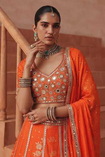 Buy Basanti Kapde Aur Koffee Orange Silk, Organza, Chanderi, Satin, Georgette V-neck Embroidered Lehenga Set Online at Aza Fashions Buy_Basanti Kapde Aur Koffee_Orange Silk, Organza, Chanderi, Satin, Georgette V-neck Embroidered Lehenga Set _Online_at_Aza_Fashions