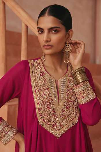 Buy Basanti Kapde Aur Koffee Magenta Georgette Split V-neck, Yes Embroidered Peplum Kurta And Dhoti Pant Set Online at Aza Fashions Buy_Basanti Kapde Aur Koffee_Magenta Georgette Split V-neck, Yes Embroidered Peplum Kurta And Dhoti Pant Set _Online_at_Aza_Fashions