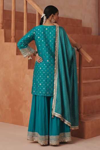 Basanti Kapde Aur Koffee Embroidered Kurta Sharara Set