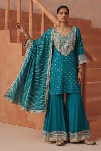 Basanti Kapde Aur Koffee Embroidered Kurta Sharara Set
