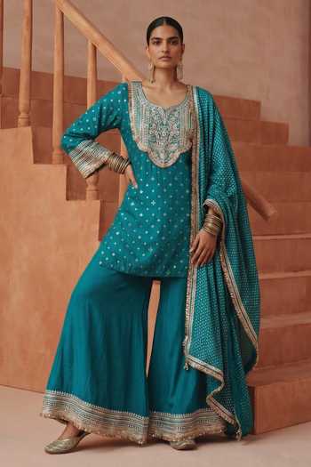 Basanti Kapde Aur Koffee Green Georgette Scoop Neck Embroidered Kurta Sharara Set Online at Aza Fashions Basanti Kapde Aur Koffee_Green Georgette Scoop Neck Embroidered Kurta Sharara Set _Online_at_Aza_Fashions