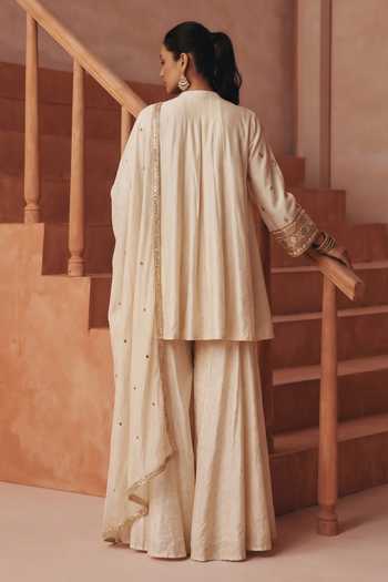Basanti Kapde Aur Koffee Embroidered Kurta Sharara Set