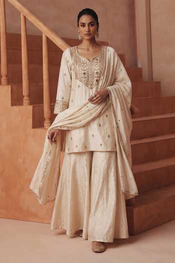 Basanti Kapde Aur Koffee Embroidered Kurta Sharara Set