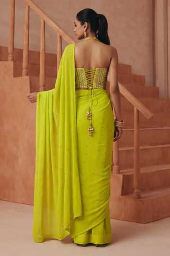Basanti Kapde Aur Koffee Sequined Pre-Draped Saree With Blouse