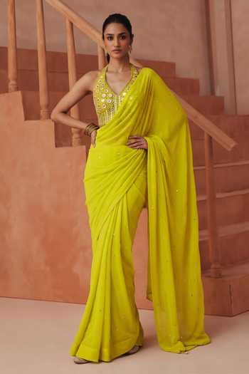 Basanti Kapde Aur Koffee Sequined Pre-Draped Saree With Blouse