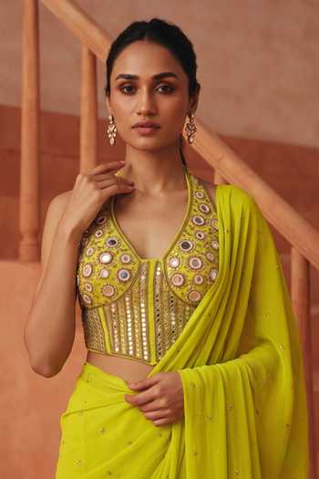 Basanti Kapde Aur Koffee Green Silk, Georgette Halter Neck Sequined Pre-draped Saree With Blouse Online at Aza Fashions Basanti Kapde Aur Koffee_Green Silk, Georgette Halter Neck Sequined Pre-draped Saree With Blouse _Online_at_Aza_Fashions