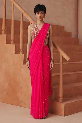 Basanti Kapde Aur Koffee Pink Silk, Georgette Halter Neck Pre-draped Saree With Embroidered Blouse Online at Aza Fashions Basanti Kapde Aur Koffee_Pink Silk, Georgette Halter Neck Pre-draped Saree With Embroidered Blouse _Online_at_Aza_Fashions
