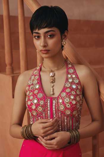 Buy Basanti Kapde Aur Koffee Pink Silk, Georgette Halter Neck Pre-draped Saree With Embroidered Blouse Online at Aza Fashions Buy_Basanti Kapde Aur Koffee_Pink Silk, Georgette Halter Neck Pre-draped Saree With Embroidered Blouse _Online_at_Aza_Fashions