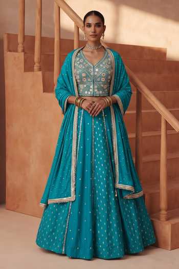 Basanti Kapde Aur Koffee Blue Silk, Organza V-neck Embroidered Lehenga Set Online at Aza Fashions Basanti Kapde Aur Koffee_Blue Silk, Organza V-neck Embroidered Lehenga Set _Online_at_Aza_Fashions