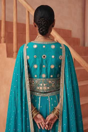 Shop Basanti Kapde Aur Koffee Blue Silk, Organza V-neck Embroidered Lehenga Set Online at Aza Fashions Shop_Basanti Kapde Aur Koffee_Blue Silk, Organza V-neck Embroidered Lehenga Set _Online_at_Aza_Fashions