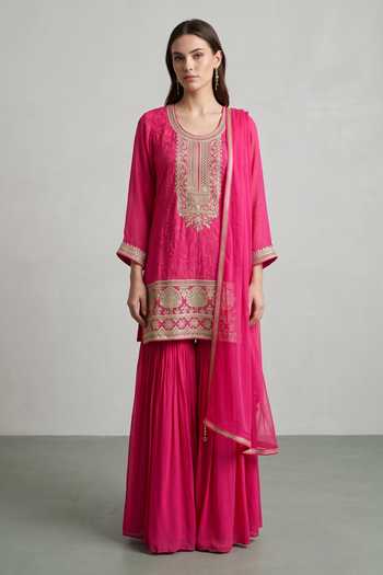 Basanti Kapde Aur Koffee Embroidered Kurta Sharara Set 