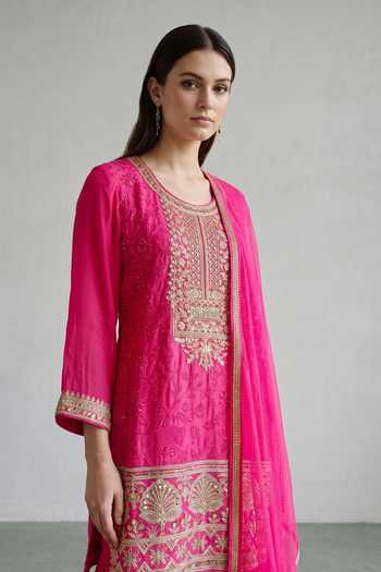 Buy_Basanti Kapde Aur Koffee_Fuchsia Georgette, Net Round Neck, Yes Embroidered Kurta Sharara Set _Online_at_Aza_Fashions
